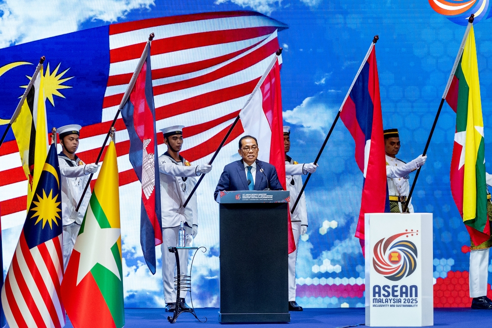 Defence Minister Datuk Seri Mohamed Khaled Nordin speaks during the chairmanship handover ceremony of ADMM at the KLCC on November 1, 2025. — Picture by Firdaus Latif