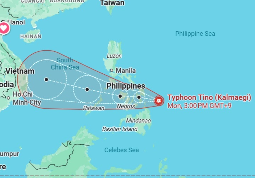 Residents evacuate from coastal towns in the Philippines as Typhoon Kalmaegi nears Leyte with winds of up to 150kph. — Screengrab via Google Maps