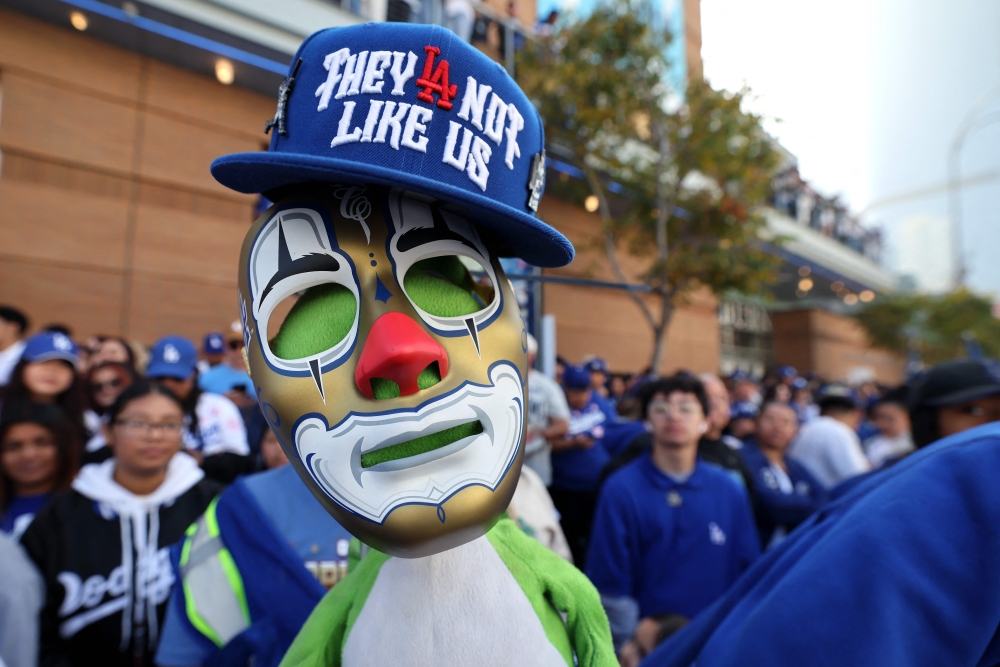 A puppet wears a hat with the inscription ‘They Not Like Us’ during the Los Angeles Dodgers 2025 World Series Championship parade on November 03, 2025 in Los Angeles, California. — Getty Images via AFP pic
