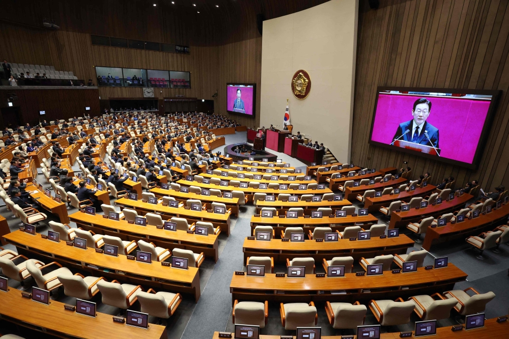 South Korean President Lee Jae Myung delivers a speech at the National Assembly in Seoul on November 4, 2025. — AFP pic