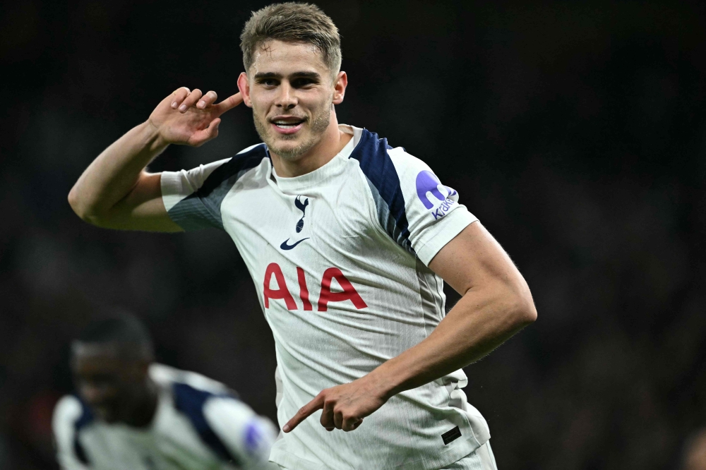 Tottenham Hotspur's Dutch defender #37 Micky van de Ven celebrates after scoring their third goal during the Uefa Champions League, league phase football match between Tottenham Hotspur and FC Copenhagen at the Tottenham Hotspur Stadium in London, on November 4, 2025. — AFP pic