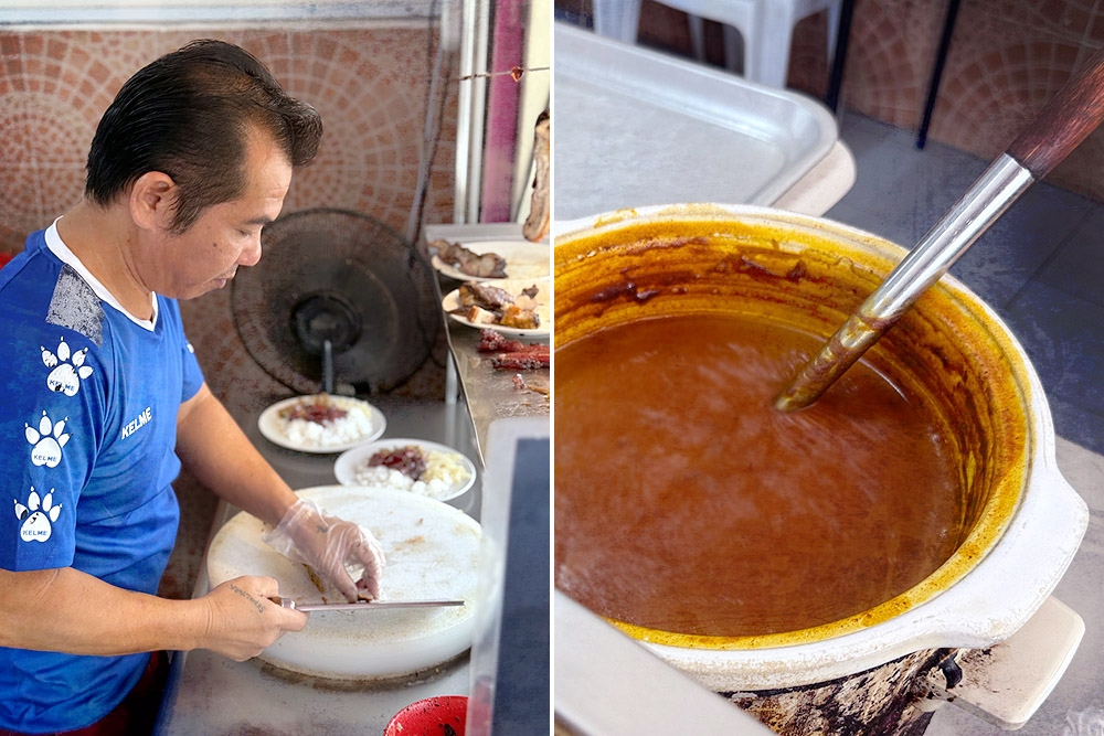 Owner slicing some ‘siew yoke’ (left). A large pot of curry gravy (right) . — Picture by CK Lim
