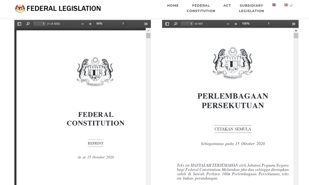 A screen capture shows the Federal Constitution in both English and Malay displayed on the website of the Attorney General's Chambers.