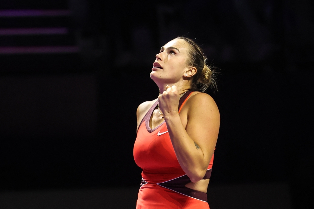 Belarus’ Aryna Sabalenka celebrates after winning her semi-final tennis match against USA’s Amanda Anisimova at the WTA Finals in Riyadh November 7, 2025. — AFP pic
