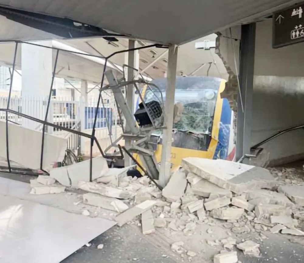 The empty six-car train after it overshot the end of the track at Butterworth station early Saturday morning. — Picture via Facebook