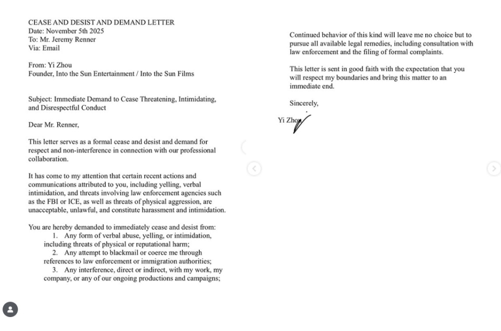 Yi Zhou said she had sent Renner three cease-and-desist letters of her own and accused him of misconduct, including sending messages that caused her ‘discomfort and distress.’ — Picture via Instagram/yizhouofficial