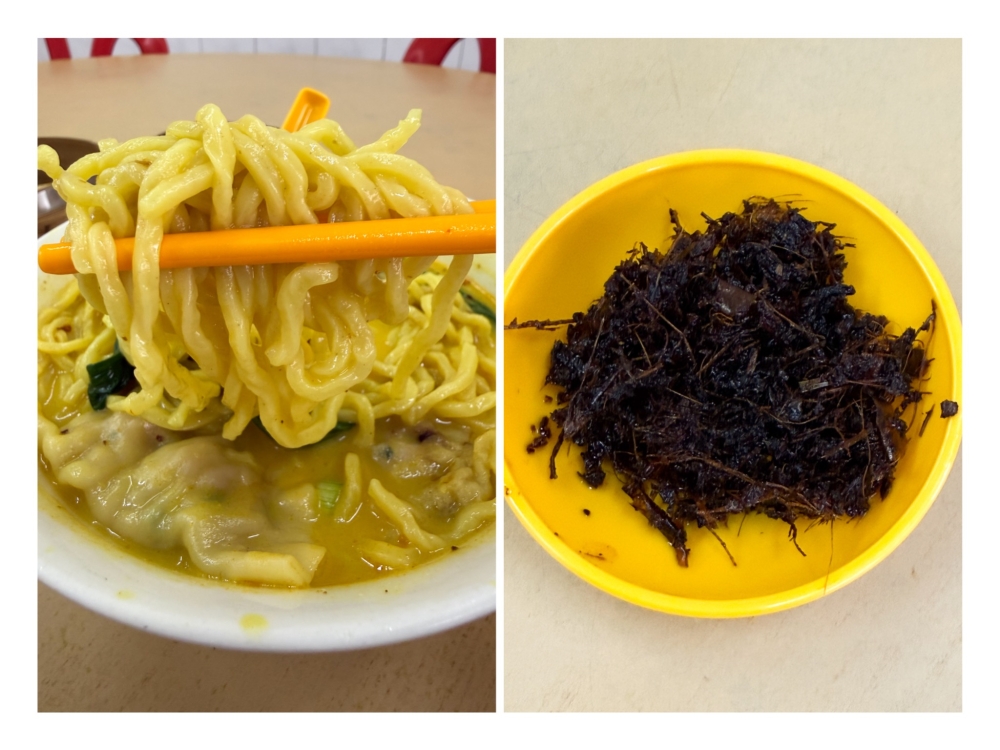 Fresh egg noodles made with high protein flour (left) are an important element to this bowl where the broth gets a kick of spiciness from its ginger and chilli topping (right). — Picture by Lee Khang Yi
