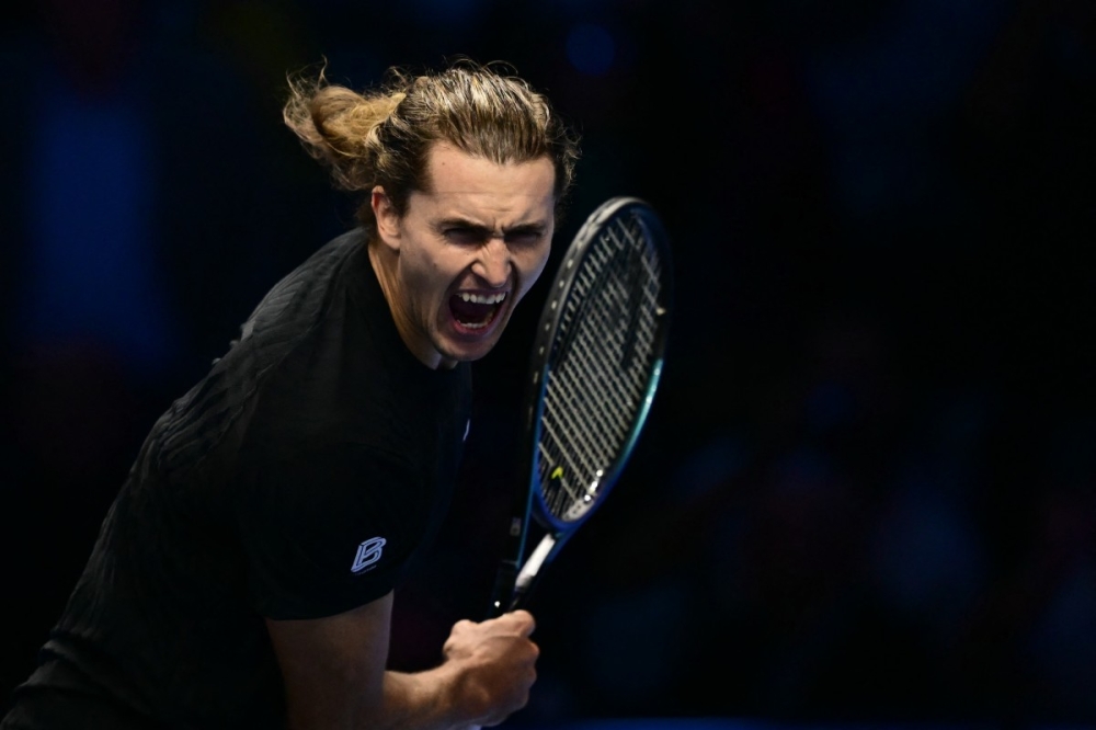 Germany’s Alexander Zverev celebrates after match point against USA’s Ben Shelton at the ATP Finals tennis tournament in Turin November 9, 2025. — AFP pic