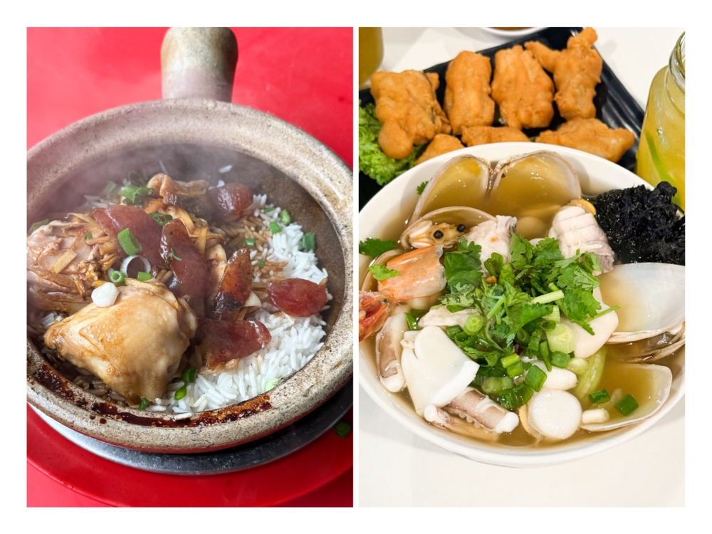 Fluffy rice mixed with chicken and 'lap cheong' (left). Hai Kah Lang's bowls of fresh seafood noodles is the highlight with the prawn. — Picture by Lee Khang Yi