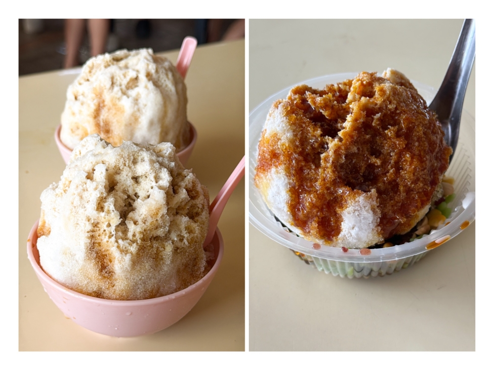 Cool off with either Aunty Peggy's fluffy 'ais kacang' (left) or Jessie's Special ABC with firmer packed shaved ice drizzled with a thick, fragrant 'gula Melaka' syrup (right). — Picture by Lee Khang Yi

