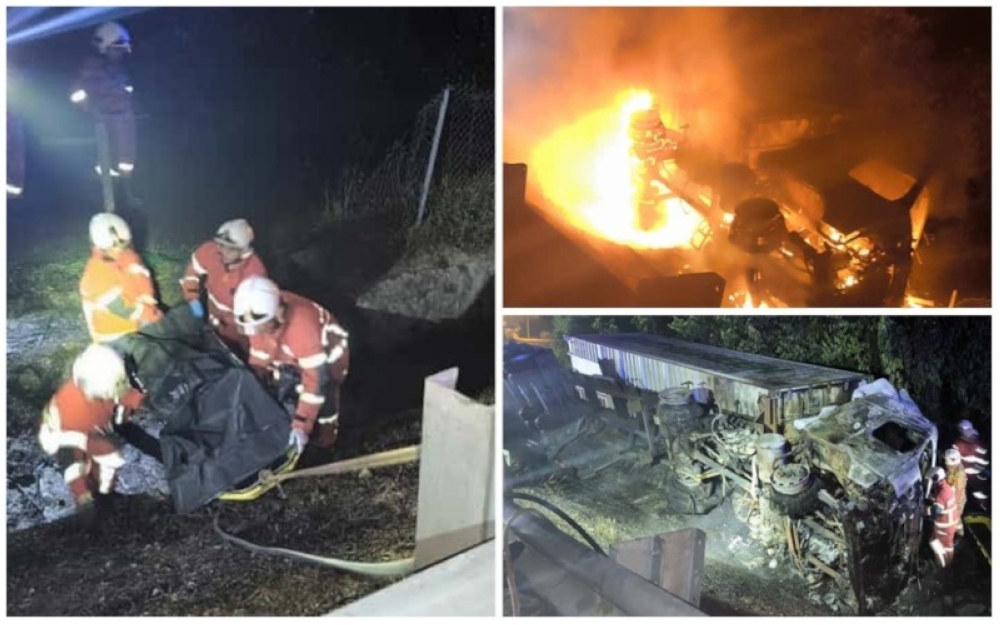 A driver was killed after his container lorry skidded and burst into flames at Kilometre 254 of the northbound North-South Expressway (PLUS) early this morning. — Picture from X/Bernama