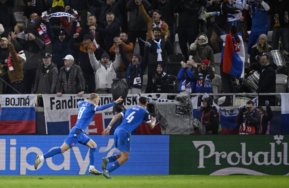 Slovakia’s Tomas Bobcek celebrates scoring their first goal with Slovakia’s Adam Obert during their World Cup Group A Uefa qualifiers against Northern Ireland at Kosicka Futbalova Arena, Kosice, Slovakia November 14, 2025. — Reuters pic  
