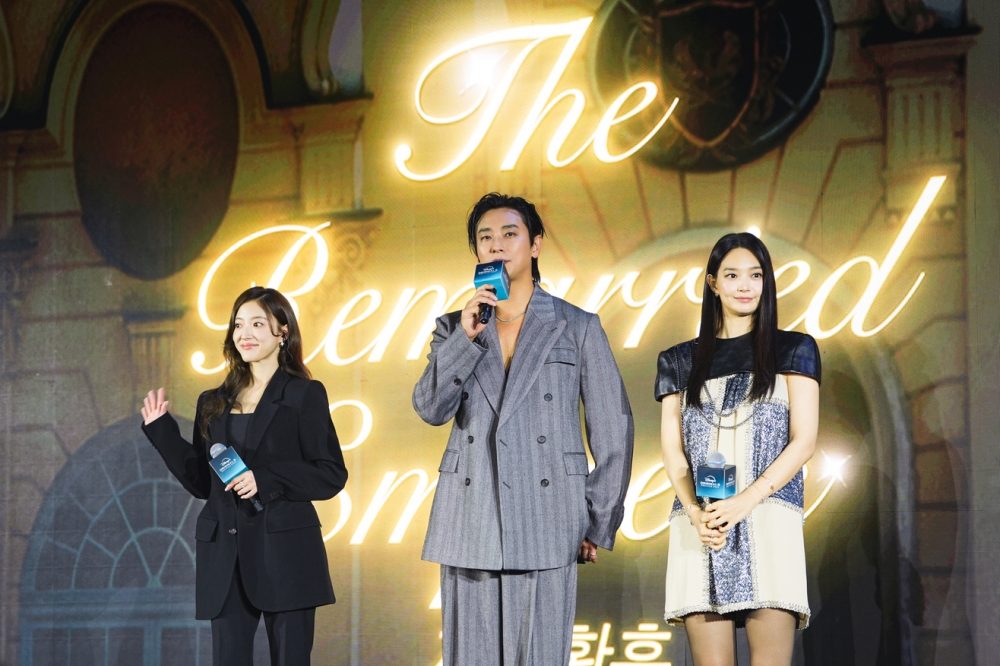 The cast of The Remarried Empress, Ju Ji-hoon (center), Lee Se-Young (left), and Shin Min-ah (right) at the Disney  2026 showcase in Hong Kong. — Photo courtesy of Disney