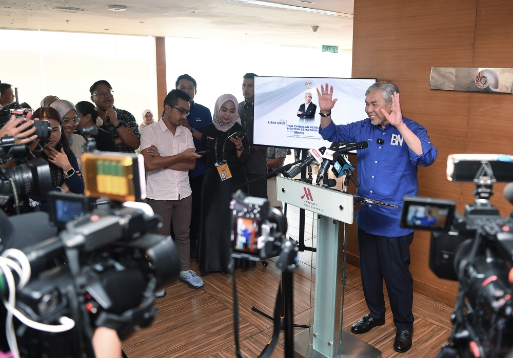Deputy Prime Minister and Barisan Nasional chairman Datuk Seri Dr Ahmad Zahid Hamidi speaks at a media engagement session in Kota Kinabalu, today. — Bernama pic