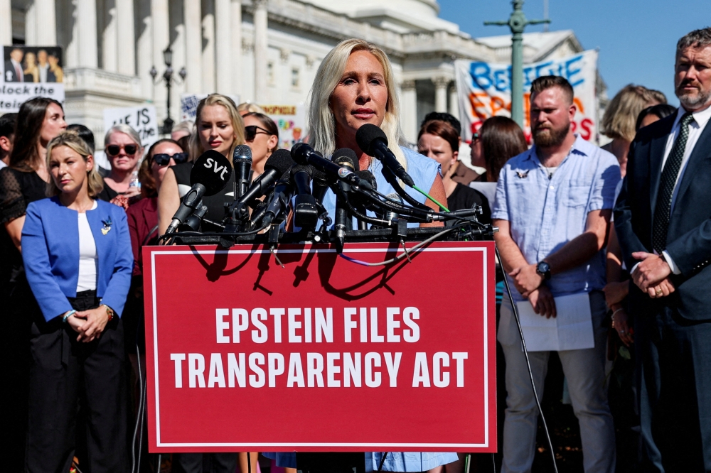 US Representative Marjorie Taylor Greene speaks during a press conference to discuss the Epstein Files Transparency bill on Capitol Hill in Washington, DC, on September 3, 2025. — Reuters pic
