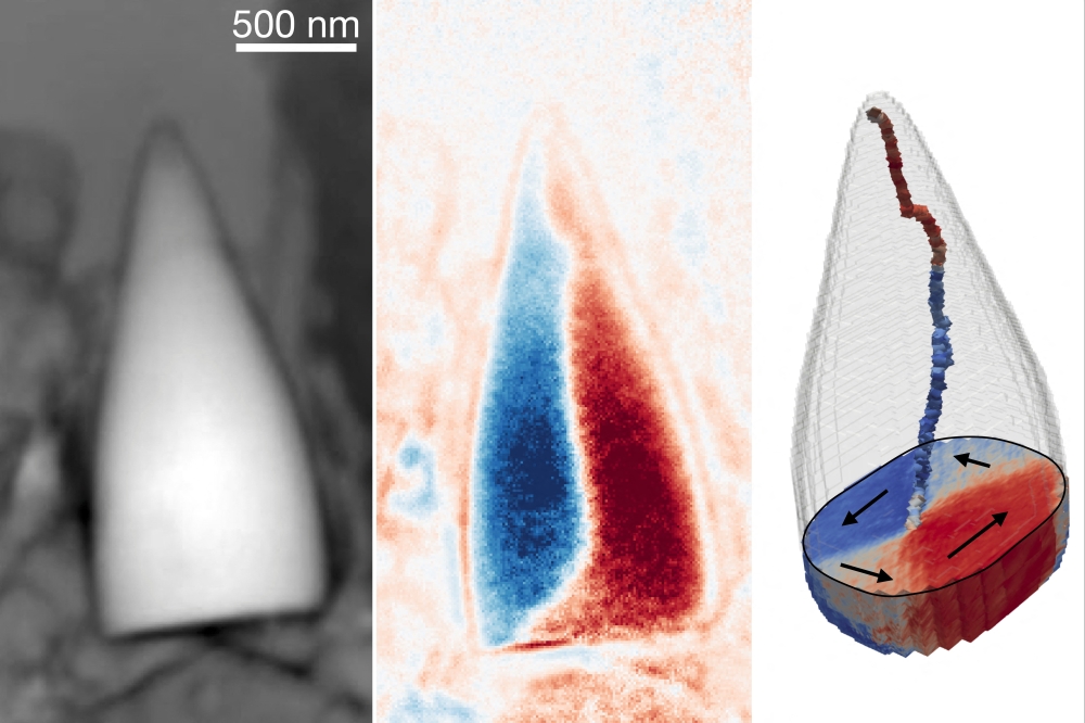 A microscopic magnetite fossil (left) discovered in sediment below the North Atlantic, seen using X-ray microscopy. The fossil’s magnetic configuration, with magnetic moments swirling around a central line running through the fossil’s interior to form a tornado-like vortex (centre); and an illustration of the magnetic configuration (right). — Handout picture from University of Cambridge via Reuters