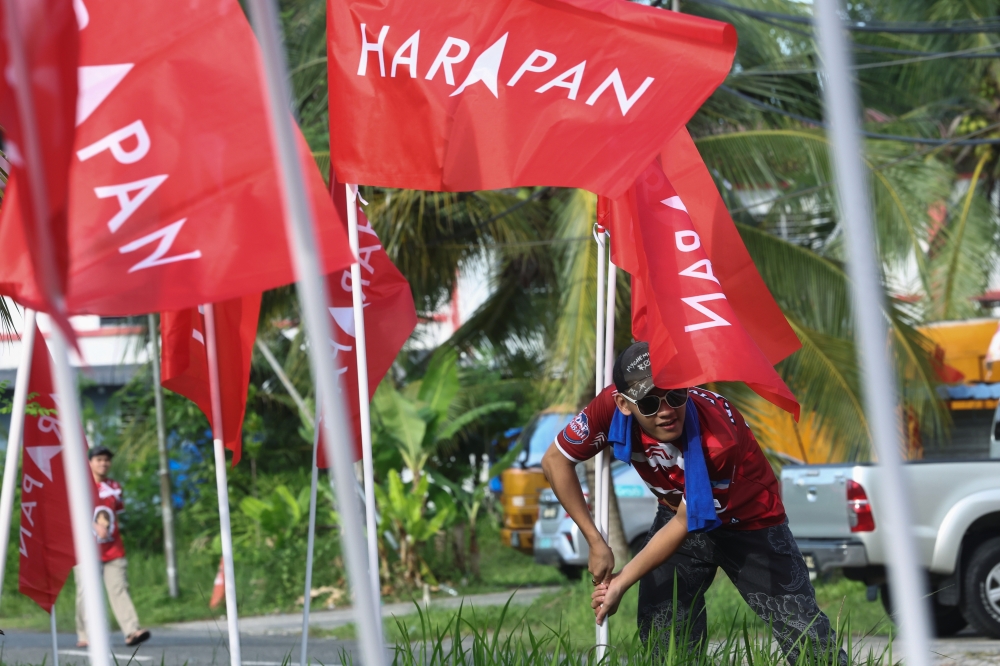 A campaign worker puts up Pakatan Harapan flags along a road in Sandakan November 16, 2025. — Bernama pic