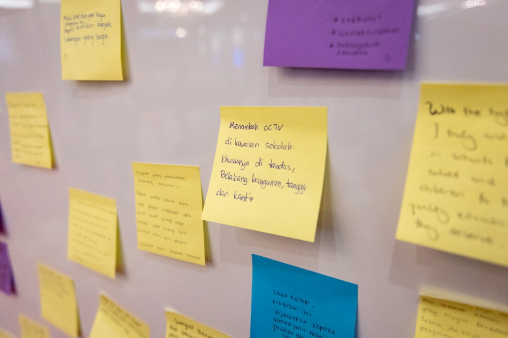 Notes with suggestions are displayed during the Parliament Children’s Townhall on bullying among children in Kuala Lumpur on November 21, 2025. — Picture by Firdaus Latif