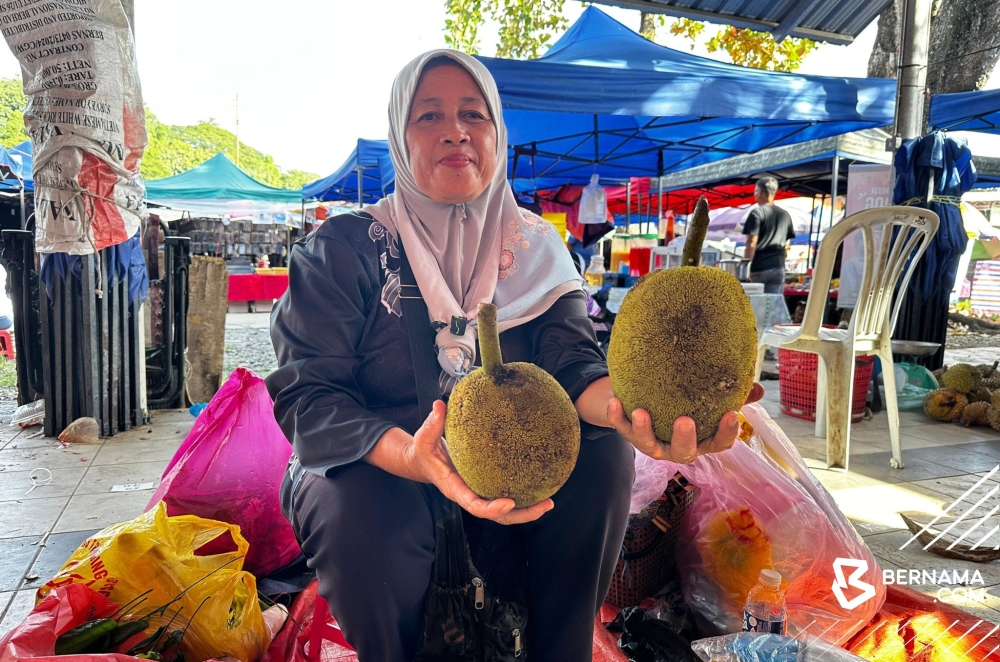 A trader at the Kota Belud ‘tamu’ in Sabah holds up ‘tarap’, a pungent but sweet fruit with soft bristles indigenous to Borneo. — Bernama pic