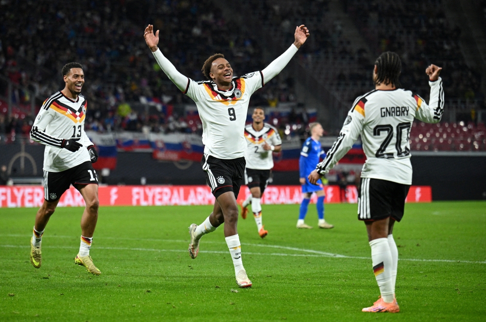 Germany’s Assan Ouedraogo celebrates scoring their sixth goal against Slovakia at the Red Bull Arena, Leipzig, November 17, 2025. — Reuters pic 