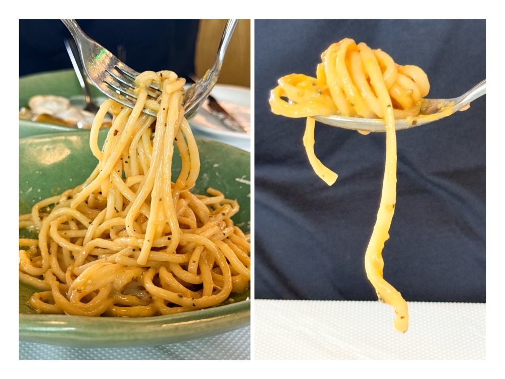 Mix the egg yolk (left) with the pasta to create a sauce. Unlike slippery commercial pasta, these freshly made pasta twirl beautifully (right).  — Picture by Lee Khang Yi