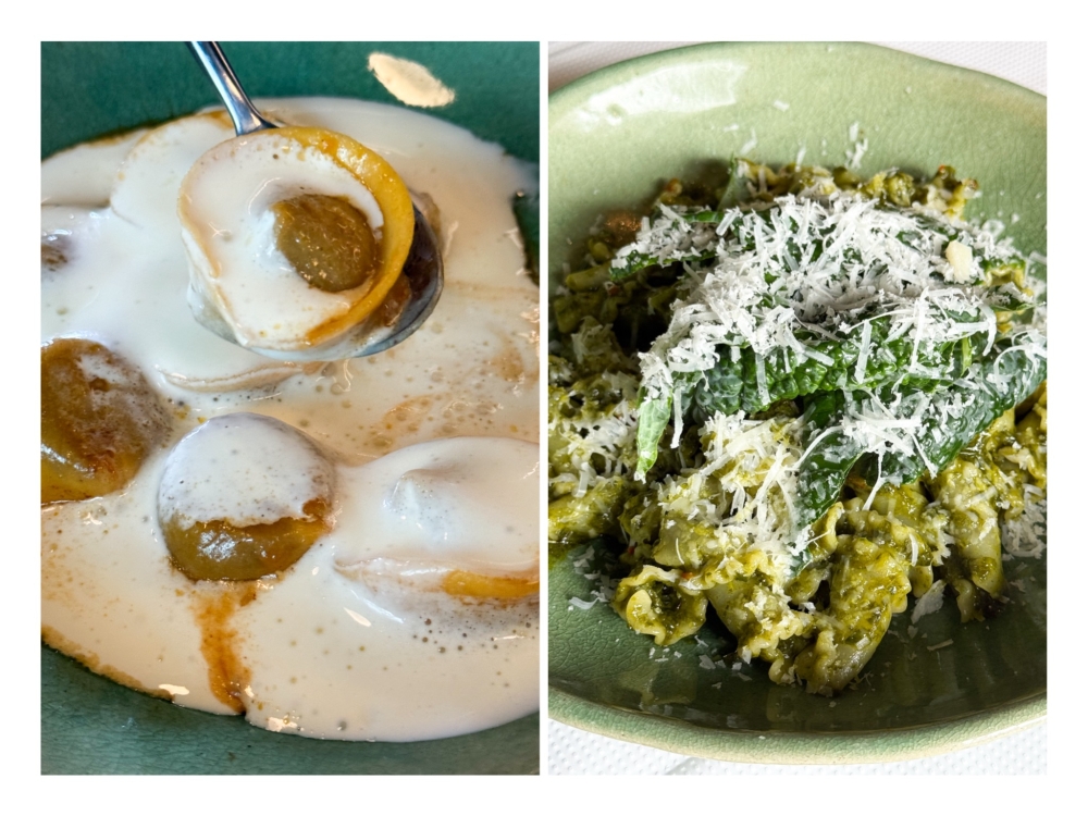 Beef Tortelli with Parmesan Foam (left) has nuggets of pasta stuffed with soft, stewed beef. Gigli Pasta with Cavolo Nero (right) has an unusual frilly, flower-like pasta. — Picture by Lee Khang Yi