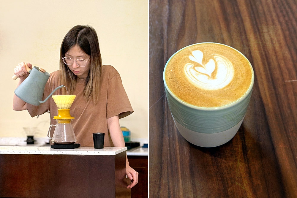 Barista brewing pour-over coffee (left). Flat white (right). — Picture by CK Lim