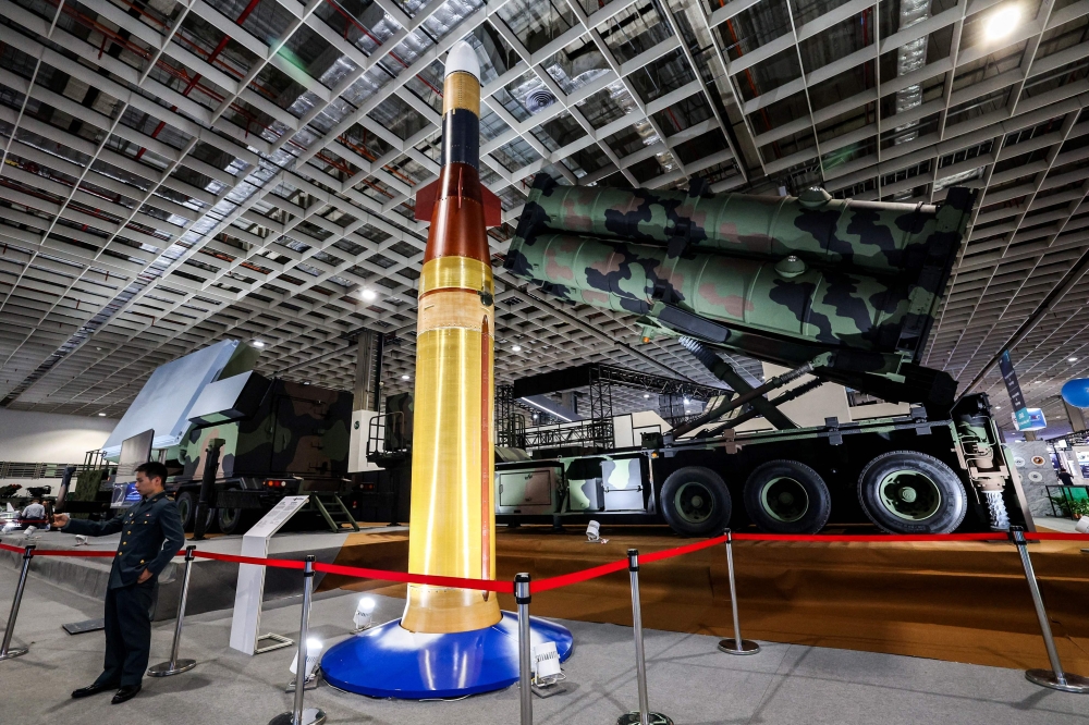 A Chiang-Kong missile developed by the National Chung-Shan Institute of Science and Technology (NCSIST) displayed at the Taipei Aerospace & Defence Technology Exhibition in Taipei on September 17, 2025. — AFP pic