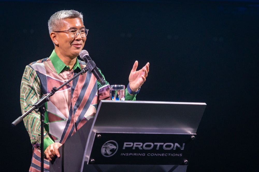 Investment, Trade and Industry Minister Tengku Datuk Seri Zafrul Abdul Aziz speaks during launch of the All-New SAGA at Mitec in Kuala Lumpur November 27, 2025. — Picture by Firdaus Latif