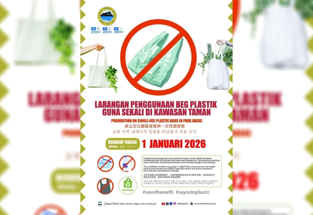 Sabah Parks will prohibit single-use plastic bags across all its protected areas from January 1 as part of efforts to safeguard fragile ecosystems.