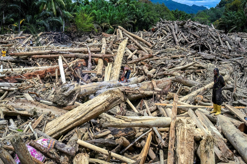 Villagers cut logs that were washed away by a flash flood, intending to use them as materials to rebuild their damaged homes in Garoga, North Sumatra province on December 4, 2025. — AFP pic