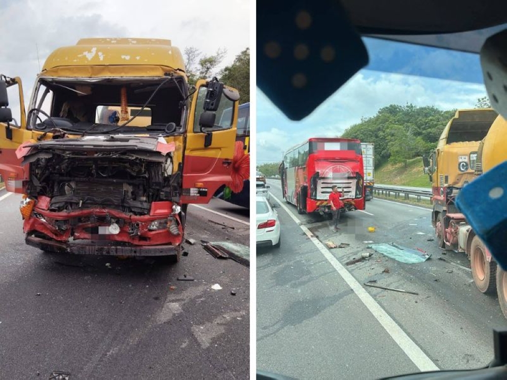 An express bus was rear-ended by a lorry on North-South Expressway near Jasin, Melaka on December 8, 2025 that injured both drivers; the 10 bus passengers escaped injuries. — Pictures from Facebook/Info Kemalangan & Bencana Malaysia
