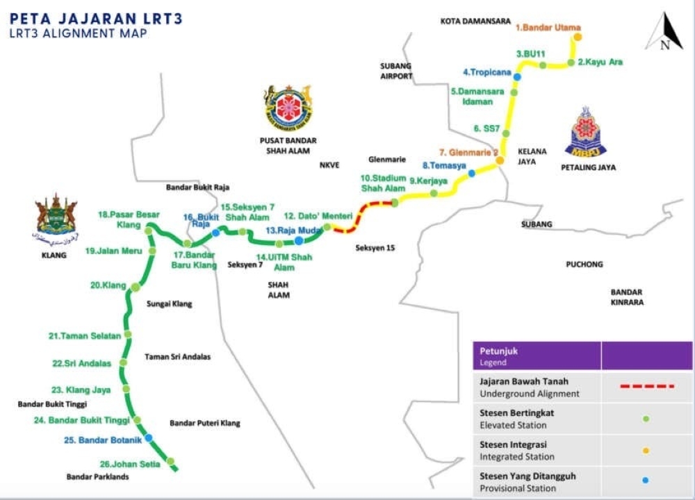 The LRT Shah Alam Line (LRT3) comprises 25 permanent stations now under construction, with five designated as provisional. — Picture from Metro Rail Travels Kuala Lumpur website