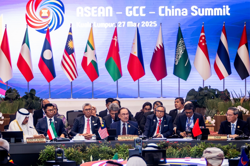 Prime Minister and Asean 2025 Chair Datuk Seri Anwar Ibrahim speaks during the Asean-Gulf Cooperation Council (GCC)-China Summit at the Kuala Lumpur Convention Centre, Kuala Lumpur May 27, 2025. — Picture by Firdaus Latif.