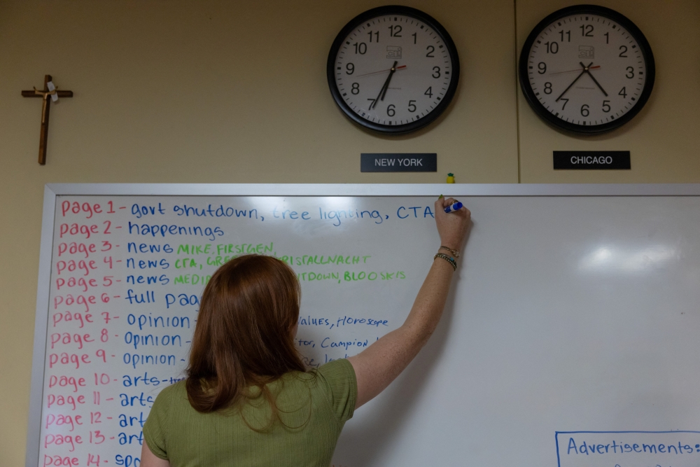 Lilli Malone, a student at Loyola University and editor in chief of The Loyola Phoenix newspaper, works on the layout for the next edition in the university newsroom in downtown Chicago, Illinois November 11, 2025. — Reuters pic