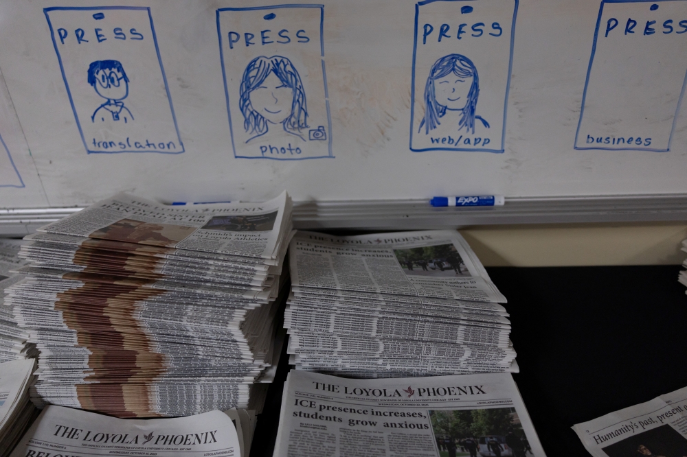 A stack of The Loyola Phoenix newspapers is displayed at the university newsroom in downtown Chicago, Illinois November 11, 2025. — Reuters pic