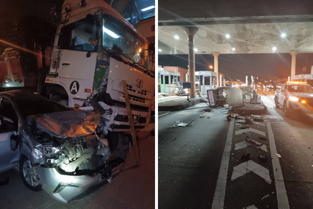 A trailer driver pleaded not guilty in the Magistrate’s Court here today to a charge of driving under the influence of drugs and causing injury, in a crash at a toll plaza last week. — Pictures from social media