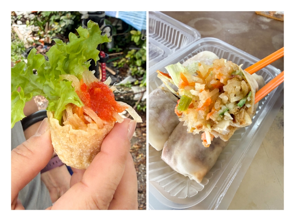 'Pie tee' is a one-bite wonder with a combination of juicy and crispy textures (left). 'Popiah' is a juicy, sweet bite using the same yam bean filling (right).