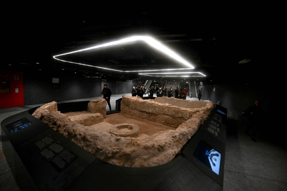 An ancient Roman finding is displayed inside the metro station Colosseo, on the sidelines of the openings to the public of the Colosseo and Porta Metronia new Metro stations, designed as museums to showcase the archaeological findings uncovered during their construction, in Rome December 16, 2025. — AFP pic