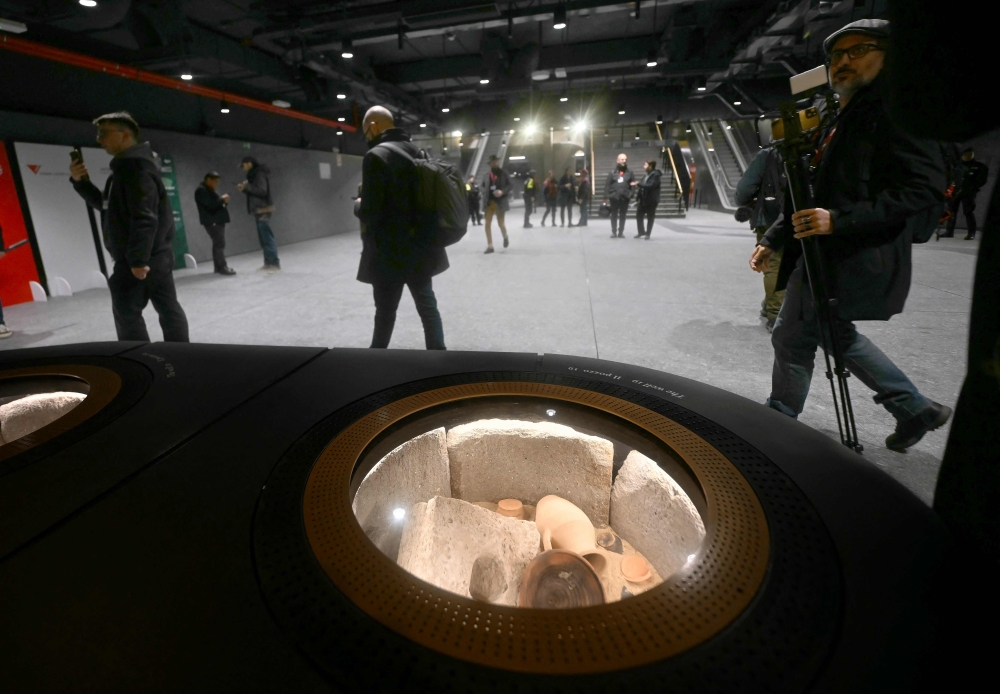 An ancient Roman finding is displayed inside the metro station Colosseo, on the sidelines of the openings to the public of the Colosseo and Porta Metronia new Metro stations, designed as museums to showcase the archaeological findings uncovered during their construction, in Rome December 16, 2025. — AFP pic
