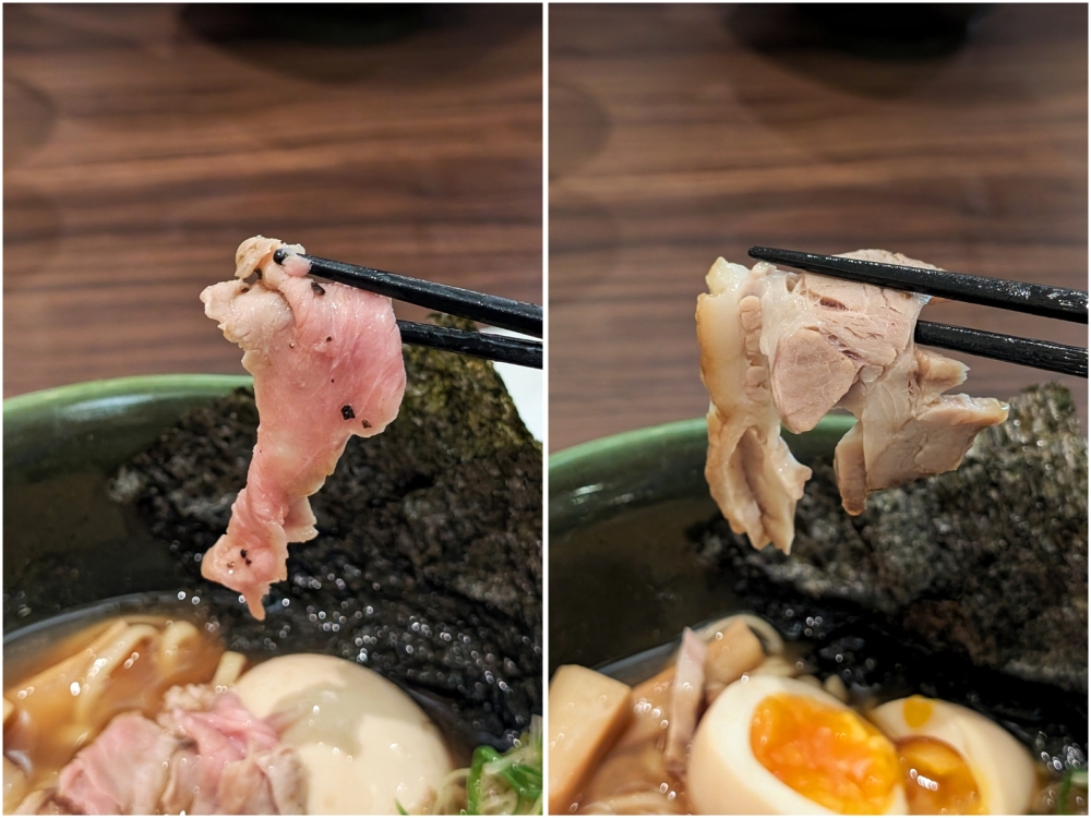 The ‘sous vide’ pork loin tastes like a delicate deli-sliced ham, in a good way (left). The ‘chashu’ is made from pork shoulder and has a good balance between lean and fat (right). — Pictures by Ethan Lau