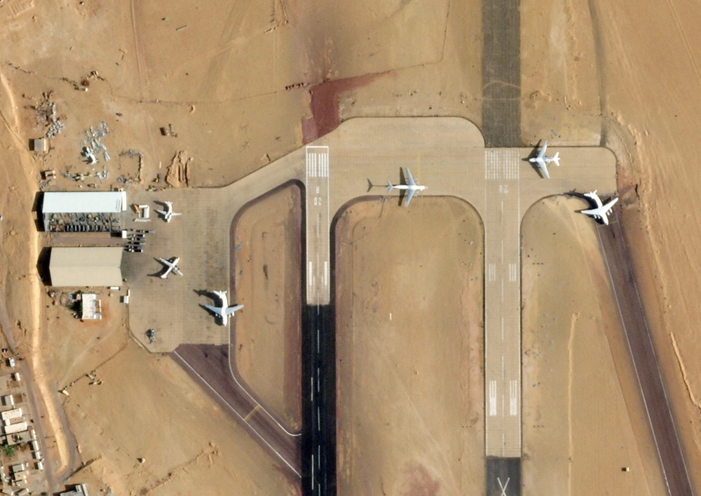 This handout satellite image from 2025 Planet Labs PBC shows the UAE-loyalist airbase in Kufra, southeastern Libya, on October 7, 2025, with four Ilyushin Il-76D aircraft reportedly used to transport weapons and mercenaries to Sudan, according to sources. — 2025 Planet Labs PBC handout/AFP pic 