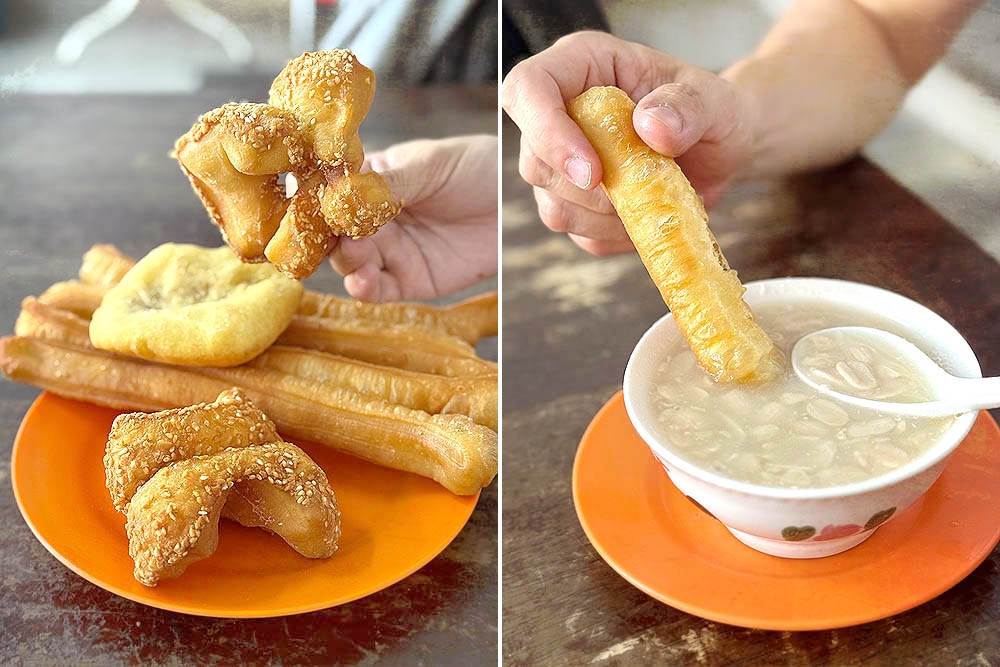 'Ma geok', 'ham chim peng' and 'yau char kwai' (dip it in the sweet peanut 'tongsui') at Golden Bread Station in Melaka.