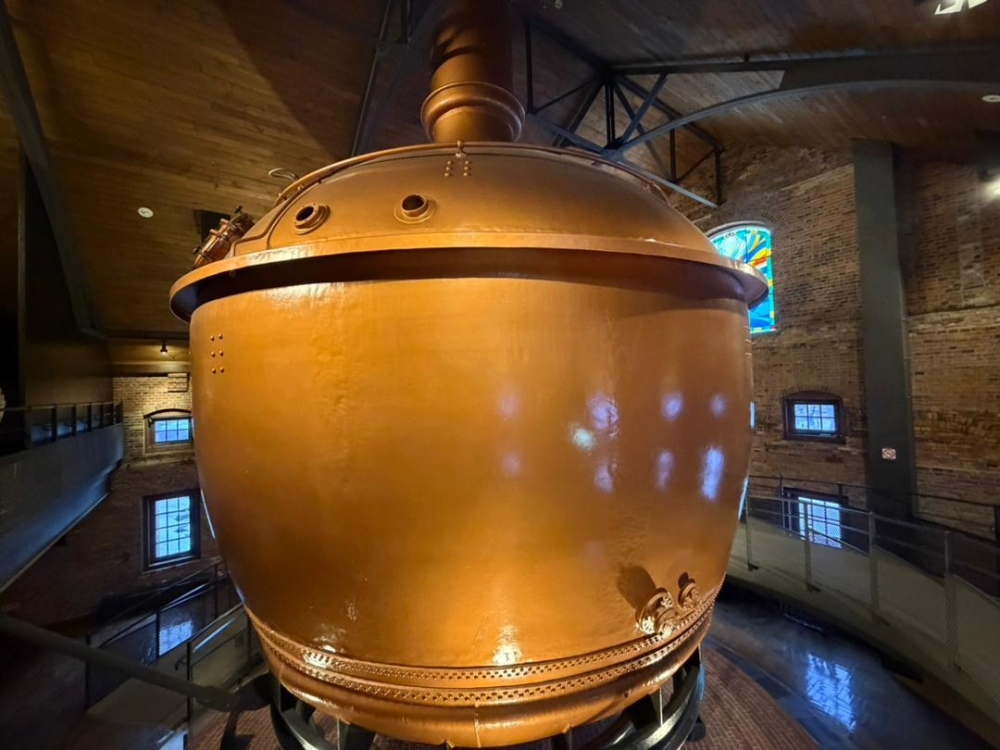 This large copper vessel is a vintage brewing kettle on display at the Sapporo Beer Museum in Sapporo, Japan. 