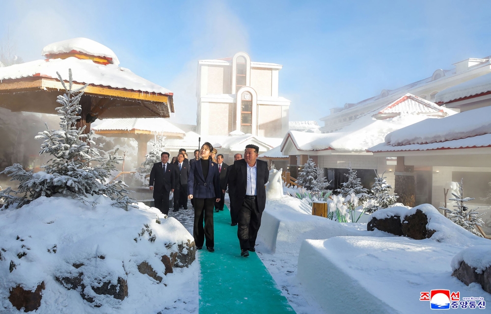 This picture taken on December 20, 2025 and released by North Korea's official Korean Central News Agency (KCNA) via KNS on December 23, 2025 shows North Korean leader Kim Jong Un (R) and his daughter Ju Ae (L) inspecting the Milyong Hotel, which was recently completed in the Samjiyon tourist district of Ryanggang Province. — AFP pic