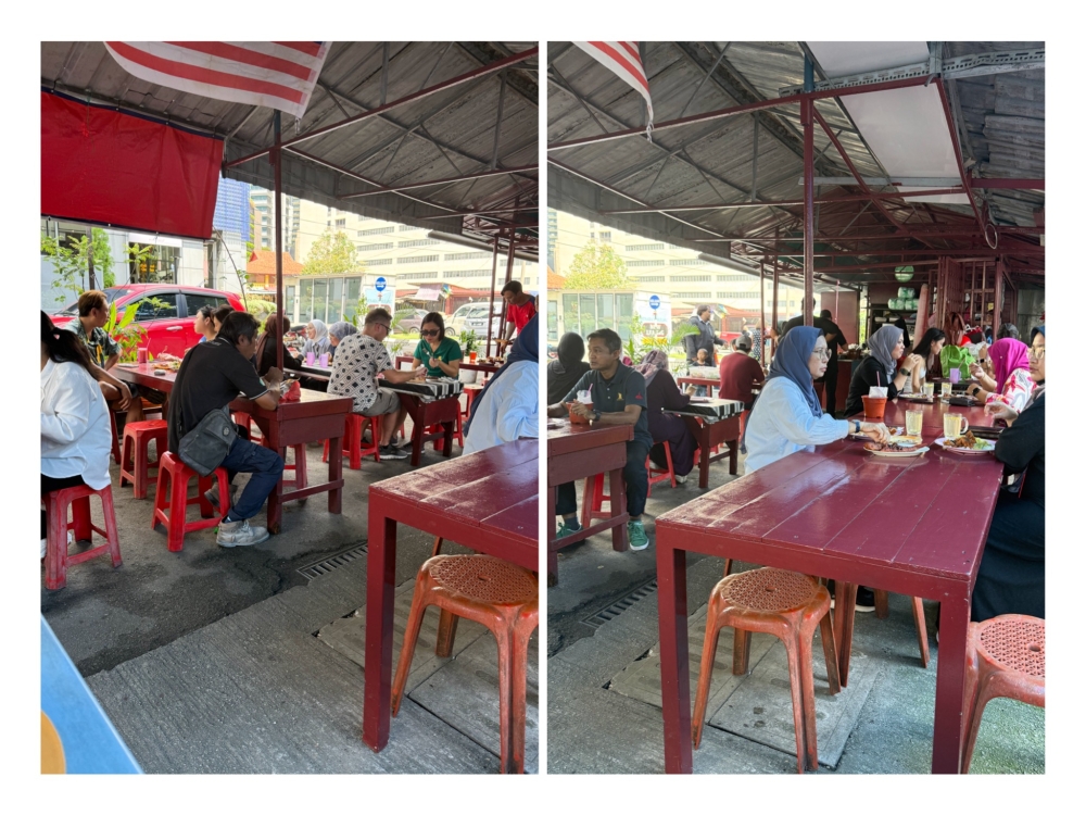 The roadside stall attracts tourists (left) keen to sample local fare. Long wooden tables (right) offer comfortable dining here — Pictures by Lee Khang Yi
