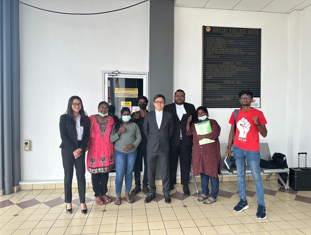 (From left) Kamaladevi’s two children T (in grey), M (in black), lawyer New Sin Yew, lawyer Shugan Raman, Kamaladevi Kanniappan as seen at the Taiping, Perak court complex May 20, 2024. — Picture courtesy of lawyers