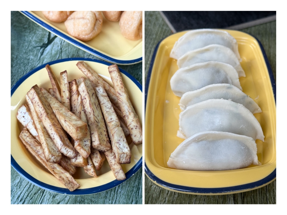 Fried taro can be added to the steamboat for a creamier taste (left). House-made prawn paste dumplings can also be ordered (right).