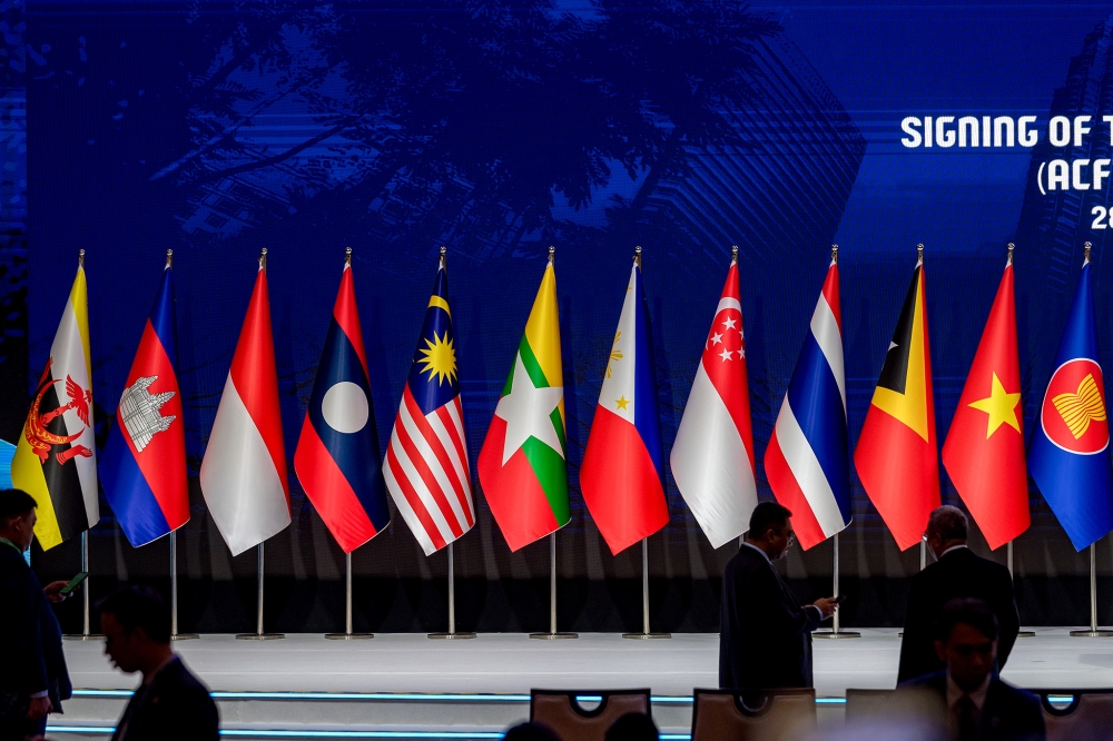 The national flags of Association of Southeast Asian Nations (ASEAN) countries at the Kuala Lumpur Convention Centre on October 31, 2025. Picture by Firdaus Latif.