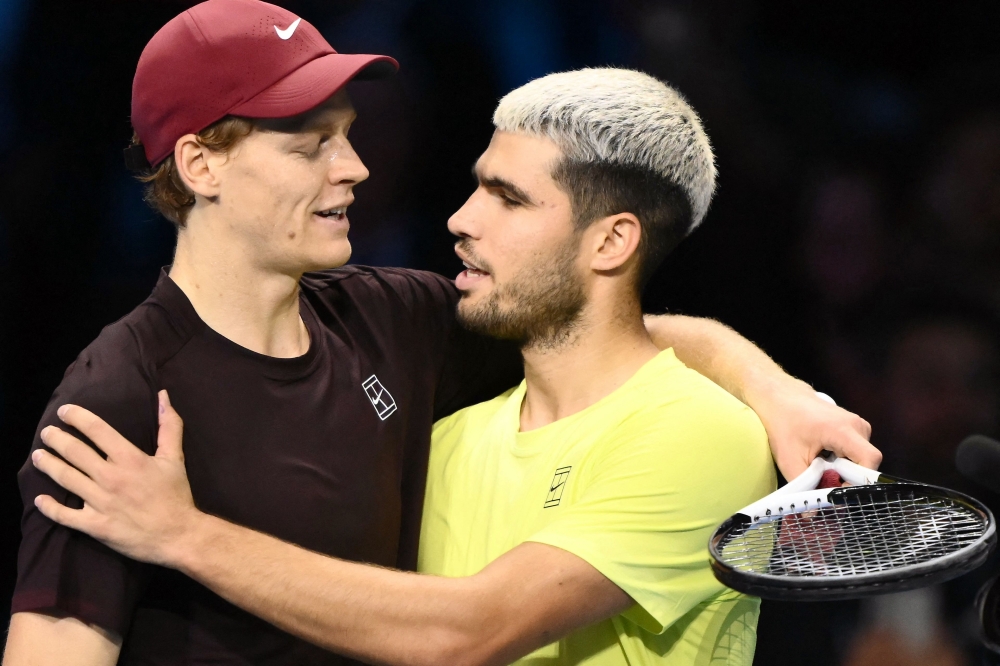 Italy’s Jannik Sinner (left) and Spain’s Carlos Alcaraz, nicknamed the ‘Sincaraz’ duo, at the ATP Finals in Turin on November 16, 2025. — AFP pic